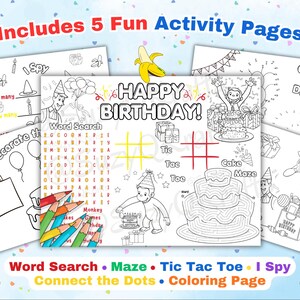 Afdrukbare verjaardagsactiviteitenbladen, Curious Monkey Party Games, Kids Kleurplatenbundel, Woordzoeker, Doolhof, George, Instant Download afbeelding 2