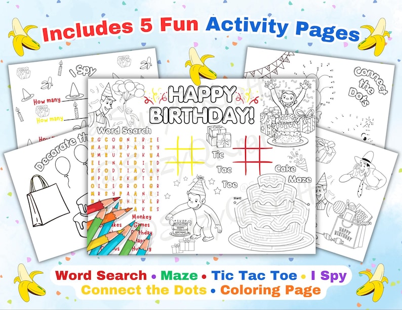 Afdrukbare verjaardagsactiviteitenbladen, Curious Monkey Party Games, Kids Kleurplatenbundel, Woordzoeker, Doolhof, George, Instant Download afbeelding 2