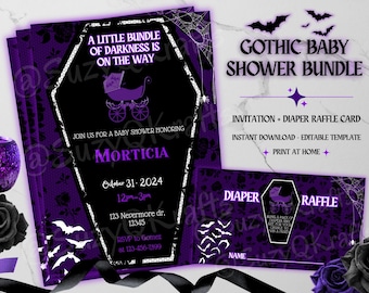 Editable Gothic Baby Shower Invitation & Diaper Raffle Card Template, A Little Bundle of Darkness Halloween Invite, Spooky Baby Shower