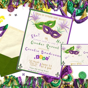 Invitación y tarjeta de votación para revelar el género de una máscara de carnaval personalizada, Nueva Orleans, Luisiana, evento para niños y niñas / DESCARGA DIGITAL