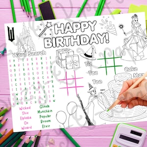 Printable Happy Birthday Coloring Activity Sheet, Kids Wicked Placemat Craft, Movie Party Favor, Party Games Page | INSTANT DIGITAL DOWNLOAD