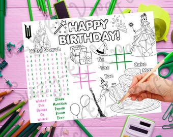 Afdrukbaar activiteitenblad Happy Birthday kleuren, Wicked Placemat Craft voor kinderen, filmfeestgunst, pagina met feestspellen | DIRECT DIGITALE DOWNLOAD