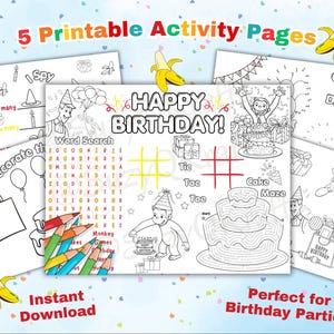 Printable Birthday Activity Sheets, Curious Monkey Party Games, Kids Coloring Pages Bundle, Word Search, Maze, George, Instant Download