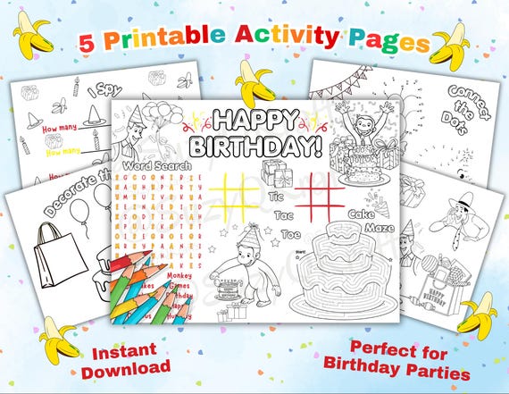 Printable Birthday Activity Sheets, Curious Monkey Party Games, Kids Coloring Pages Bundle, Word Search, Maze, George, Instant Download