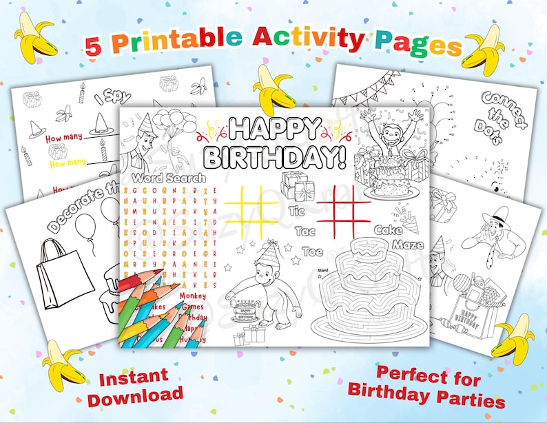 Afdrukbare verjaardagsactiviteitenbladen, Curious Monkey Party Games, Kids Kleurplatenbundel, Woordzoeker, Doolhof, George, Instant Download afbeelding 1