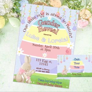 Invitación y tarjeta de votación personalizadas para revelar el género de un huevo de Pascua, fiesta de baby shower en colores pastel para niños, niñas y hombres / DESCARGA DIGITAL