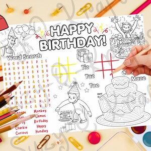 Afdrukbare verjaardagsactiviteitenbladen, Curious Monkey Party Games, Kids Kleurplatenbundel, Woordzoeker, Doolhof, George, Instant Download afbeelding 5