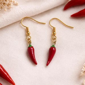Spicy Chili Pepper Earrings, Red Pepper Dangle Earrings, Cute Food Jewelry, Fun Statement Earrings, Gift for Food Lover, Gold Hook Earrings