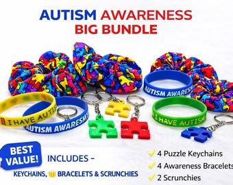 Autism Awareness Bundle | Puzzle Piece Keychain, Bracelet & Scrunchie Set | Gift for Autism Moms, Teachers, Support | Choose Color