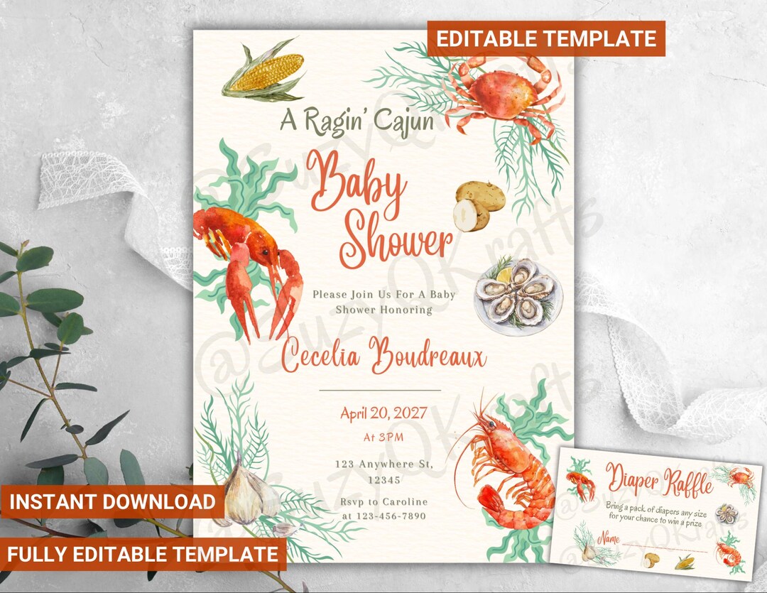 Editable Crawfish Cajun Seafood Baby Shower Invitation & Diaper Raffle ...