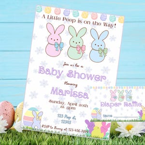 Carte d'invitation et carte de tirage pour baby shower Peeps personnalisées, soirée événement garçon fille couleur pastel | TÉLÉCHARGEMENT NUMÉRIQUE