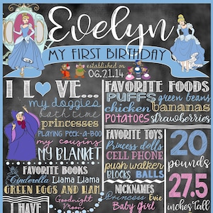 Cinderella Birthday Stat "Chalkboard"(digital poster)- ANY COLORS