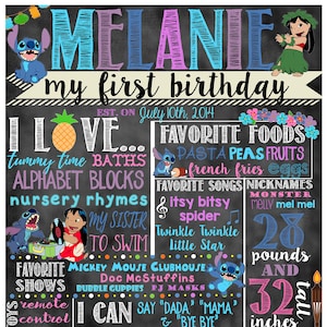 Estadísticas de cumpleaños de Lilo y Stitch "Pizarra" (cartel digital) CUALQUIER COLOR