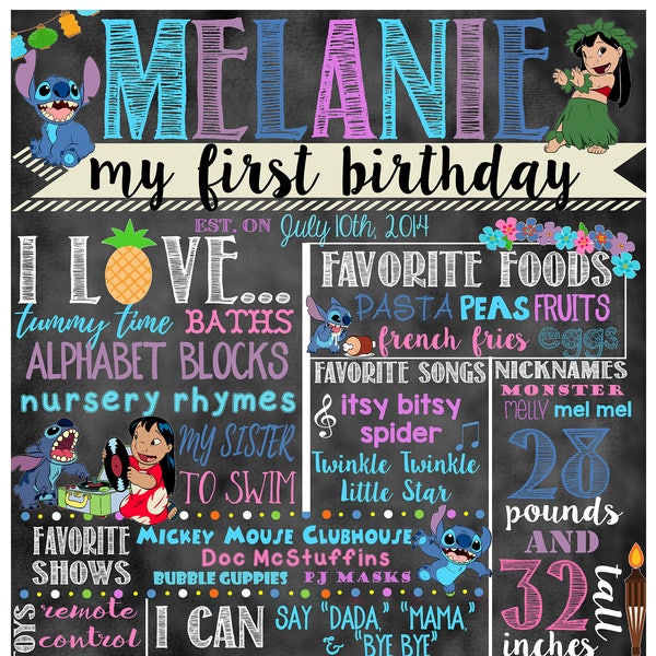 Lilo and Stitch Birthday Stat "Chalkboard" (digital poster) ANY COLORS