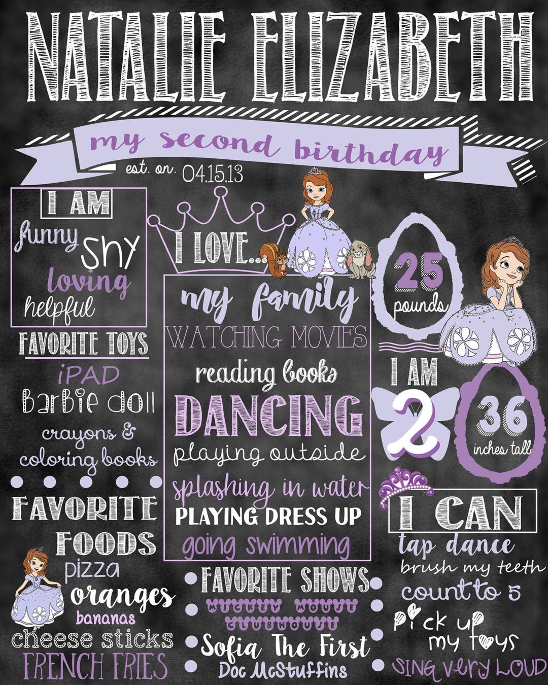 Sofia the First Birthday Stat “chalkboard”(digital Poster) - Etsy