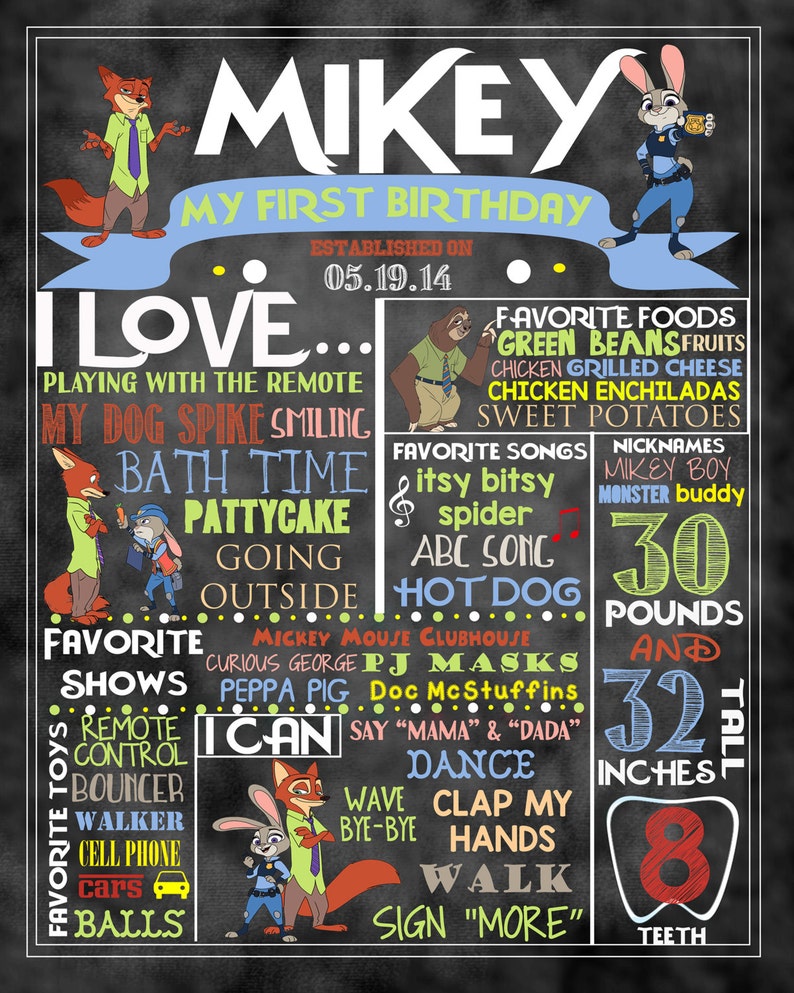 May include: A chalkboard style first birthday poster featuring a cartoon fox and bunny. The poster includes the name Mikey, the date 05.19.14, and details about the child's likes, including favorite foods, songs, and activities. The poster also includes the child's height, weight, and number of teeth.