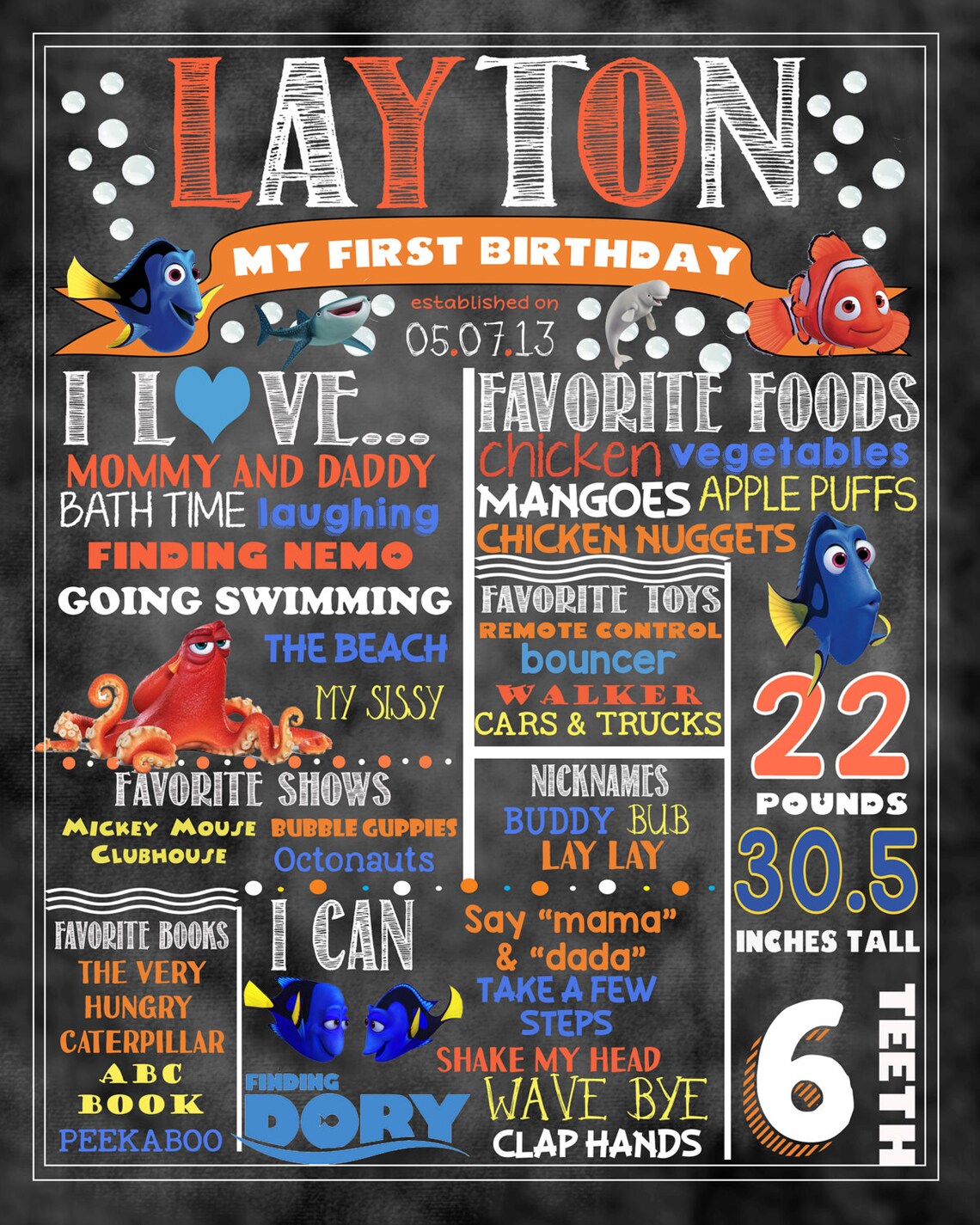 Finding Dory Birthday Stat &ldquo;chalkboard&rdquo;(digital Poster) BOY & GIRL