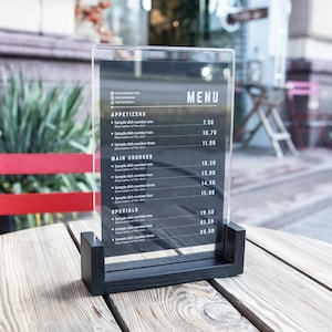 Support d'enseigne en acrylique, Menu de table transparent, Support de menu en bois, Modèle de menu, Menu de bar, Couverture de menu, Support de menu, Panneaux de mariage, Support d'enseigne
