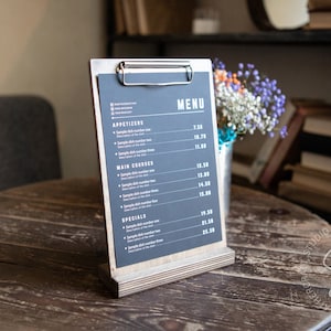 Menuhouder tafelstandaard, houten menubord, klembordmenu, houten tafelbladdisplay, restauranttafeltenten, menubord, barmenu, drankmenu