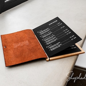 Support de menu de restaurant personnalisé - Revêtement en cuir de qualité supérieure et conception de planche de bois pour restaurants, cafés et bars, pochette de menu personnalisée