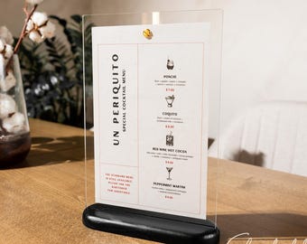 Acrylic Sign Holder with Wooden Base: Restaurant Table Top Display Stand