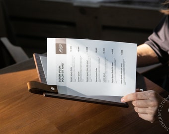 Wooden Menu Holder: Custom Menu Board  with Leather Loop for Restaurant & Cafe