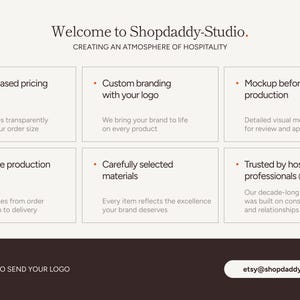 May include: A promotional graphic for Shopdaddy-Studio, featuring text and design elements. The design includes six boxes with bullet points describing services like volume-based pricing, custom branding, and mockup before production. The website's email address is also included.