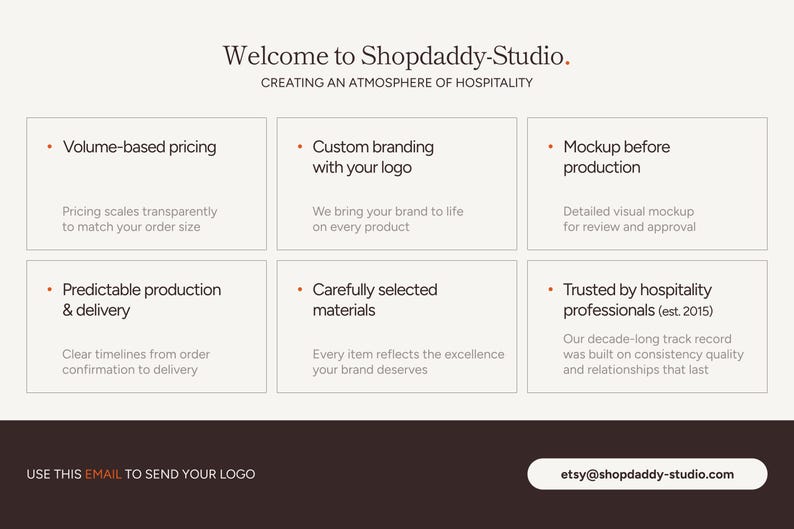 May include: A promotional graphic for Shopdaddy-Studio, featuring text and design elements. The design includes six boxes with bullet points describing services like volume-based pricing, custom branding, and mockup before production. The website's email address is also included.