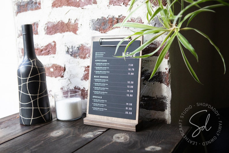 Table Stand Menu Holder, Wooden Sign Holder Menu Covers, Wedding Signs Clip Board, Wood Store Display, Restaurant Table Tents, Menu Board, shopdaddy-studio bar restaurant accessories, wholesale discounts, fast shipping, customization with your logo