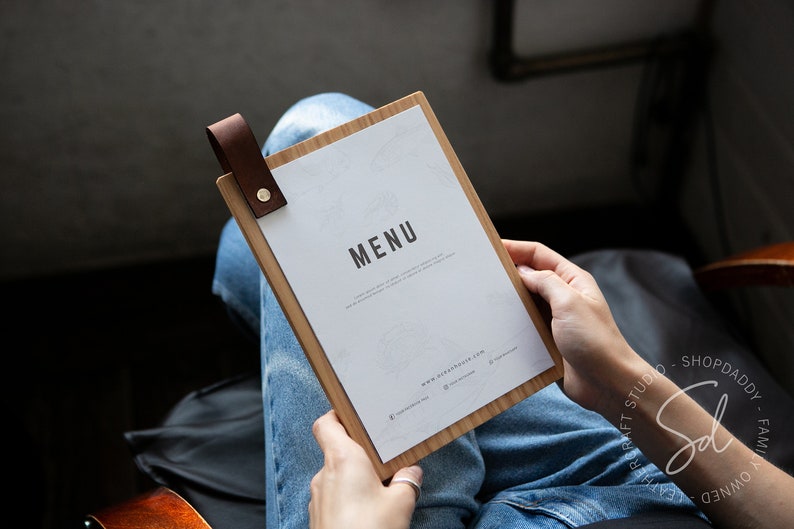 Custom wood menu holder with a leather loop for restaurant tables, cafes and bars