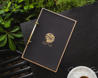 Aangepaste houten menuhouder met leren hoes: restaurantmenuboek voor eten en drinken