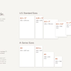 May include: A paper sizes guide infographic displaying U.S. Standard sizes including 8.5 x 11 inches, 4.25 x 11 inches, 8.5 x 7 inches, 8.5 x 5.5 inches, 5 x 7 inches, 4 x 6 inches, and A-Series sizes A4, A4 h.v., A5, and A6 with metric conversions.