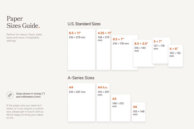 May include: A paper sizes guide infographic displaying U.S. Standard sizes including 8.5 x 11 inches, 4.25 x 11 inches, 8.5 x 7 inches, 8.5 x 5.5 inches, 5 x 7 inches, 4 x 6 inches, and A-Series sizes A4, A4 h.v., A5, and A6 with metric conversions.