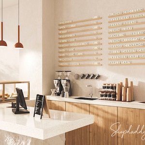 Placa de menu de letras mutáveis de madeira, placa de menu de trilho de letras móveis, placa de menu de lista de preços de restaurante, menu de parede para café, bar, cafeteria