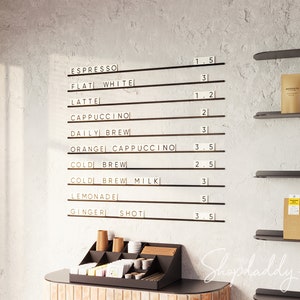 Tablero de menú de pared con rieles de metal, menú personalizable modificable, tablero de letras de PVC, menú de cafetería, menú de panadería, tablero de exhibición de pared, menú con rieles