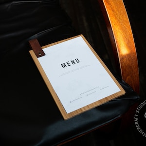 Wood clipboard menu holder in plywood, walnut veneer or ashwood, with several stains and leather colors