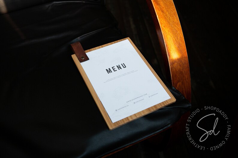 Wood clipboard menu holder in plywood, walnut veneer or ashwood, with several stains and leather colors