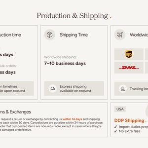 May include: Image detailing production and shipping information. Includes production time of 3-5 business days for standard orders and 7-10 days for personalized orders. Worldwide shipping takes 7-10 business days. Returns and exchanges are accepted within 14 days.