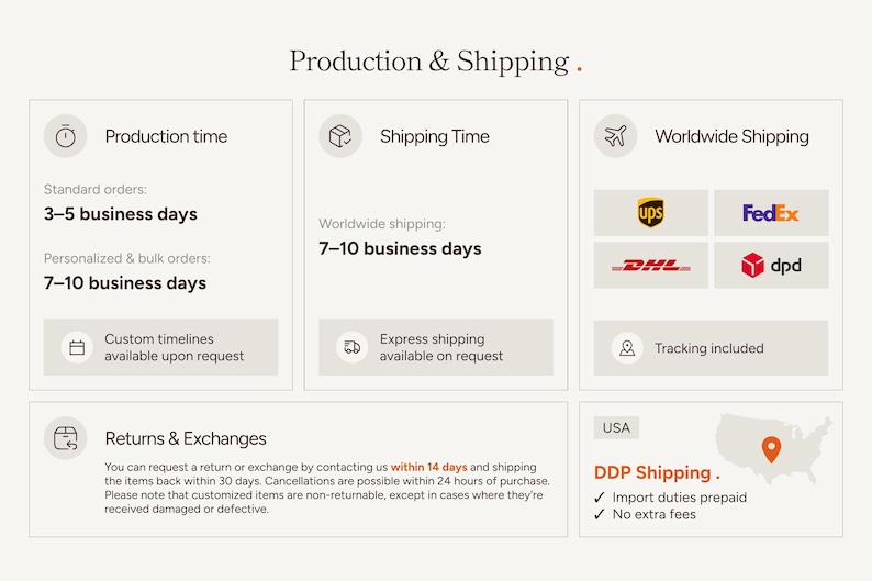 May include: Image detailing production and shipping information. Includes production time of 3-5 business days for standard orders and 7-10 days for personalized orders. Worldwide shipping takes 7-10 business days. Returns and exchanges are accepted within 14 days.