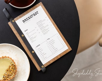 Wood Menu Holder: Custom Menu Board with Leather Loop for Food or Drink
