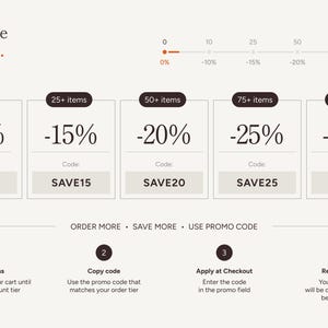 May include: A wholesale discount chart showing bulk order tiers from 10 to 100 items with corresponding percentage discounts from 10% to 30% and promo codes SAVE10, SAVE15, SAVE20, SAVE25, and SAVE30. Includes four steps for applying codes.