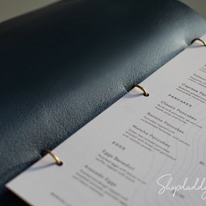 menu cover, menu holder, green menu cover, leather binder menu, cocktail menu, menu case, 85x55, a4, a5, 85x11, wine list menu, drink menu, whiskey bar menu, design menu covers, hard menu cover, restaurant menu, Shop-Daddy Studio