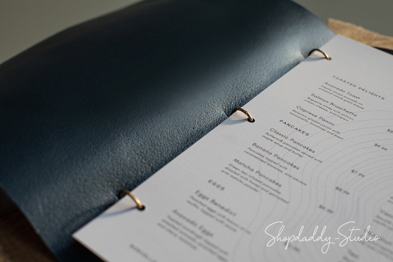 menu cover, menu holder, green menu cover, leather binder menu, cocktail menu, menu case, 85x55, a4, a5, 85x11, wine list menu, drink menu, whiskey bar menu, design menu covers, hard menu cover, restaurant menu, Shop-Daddy Studio