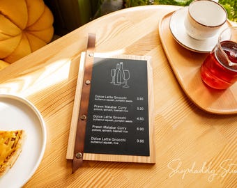 Custom Wood Menu Holder with Leather Strap: Cafe & Bar Display