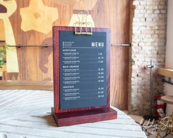 Houten tafeltent: aangepaste menuhouder met gouden clip