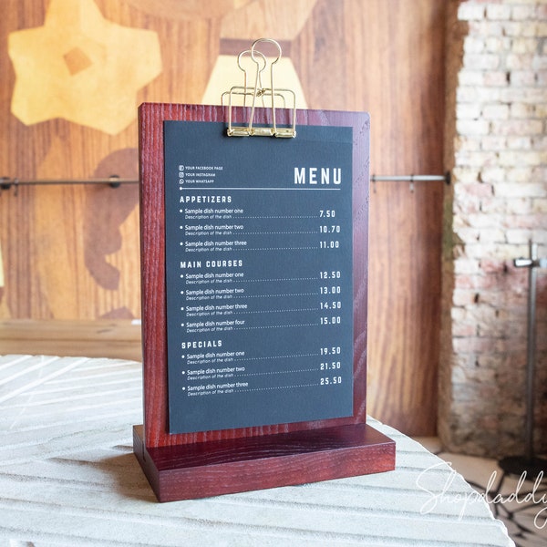 Custom table tent for restaurant, Wooden table top display stand, Clipboard menu , Personalized Menu Holder, Table Top Stands for Cafe Menu