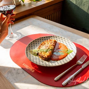 Custom Oval Leather Placemat: Washable Dining Table Mat, Red Restaurant Placemats Set of 6