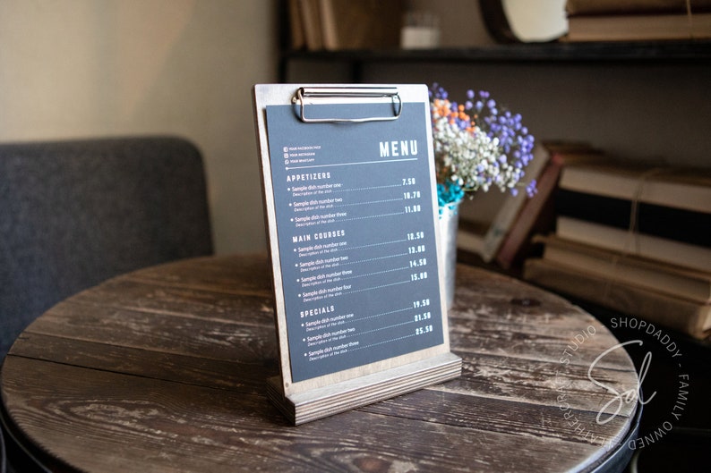 Table Stand Menu Holder, Wooden Sign Holder Menu Covers, Wedding Signs Clip Board, Wood Store Display, Restaurant Table Tents, Menu Board, shopdaddy-studio bar restaurant accessories, wholesale discounts, fast shipping, customization with your logo