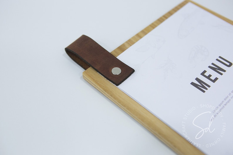 Menu holder A4 size in rustic wood with a leather loop for full-page restaurant menus