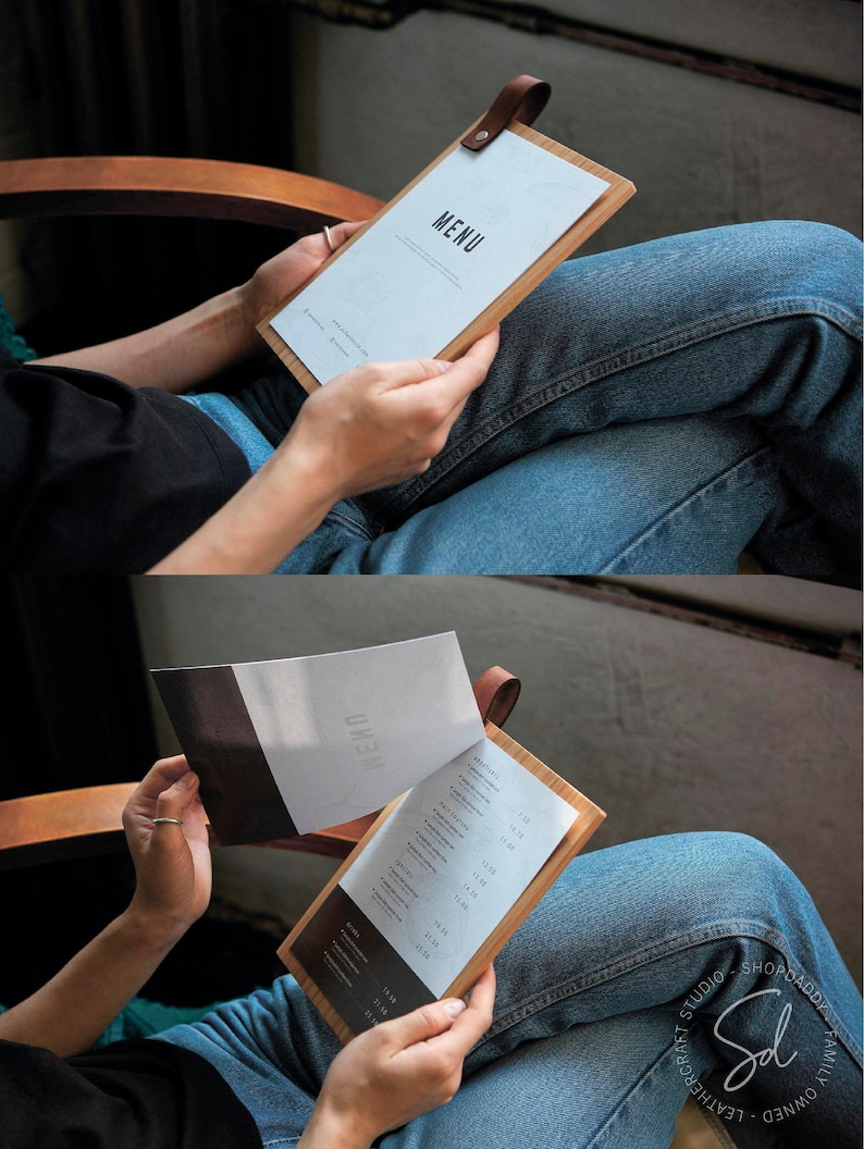 Menu clipboard for restaurant tables, the printed sheet held flat under a Chicago bolt
